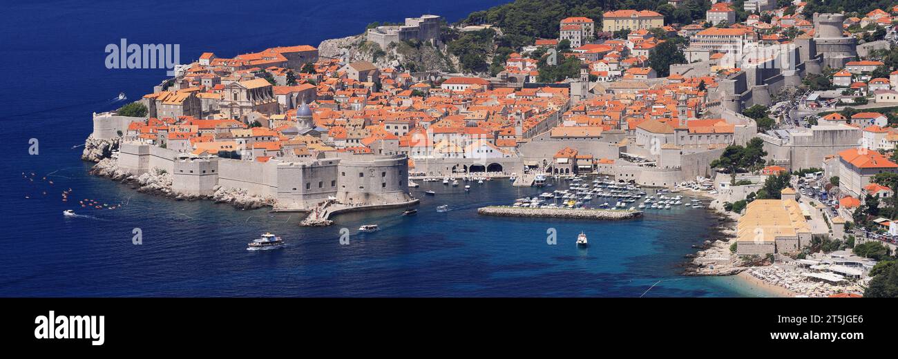 Aerial panoramic detail view of Dubrovnik Old Town on coast of Adriatic Sea, Croatia, Europe Stock Photo