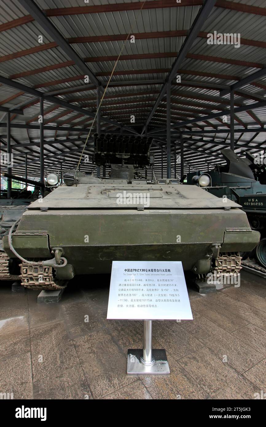 BEIJING - MAY 24: China made 70 type 70 mm caterpillar self-propelled rocket launcher, in the Chinese military museum, on may 24, 2014, Beijing, China Stock Photo