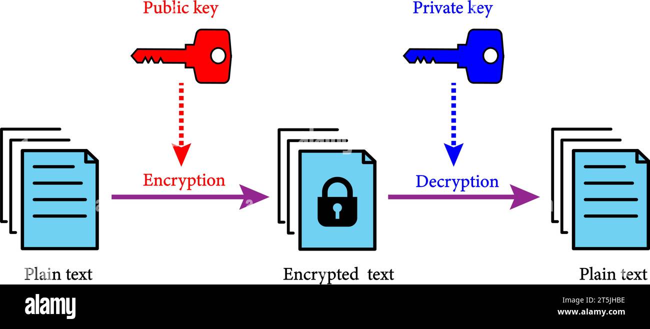 Asymmetric encryption scheme. Key is used to encrypt and a second to decrypt. Vector illustration. Stock Vector