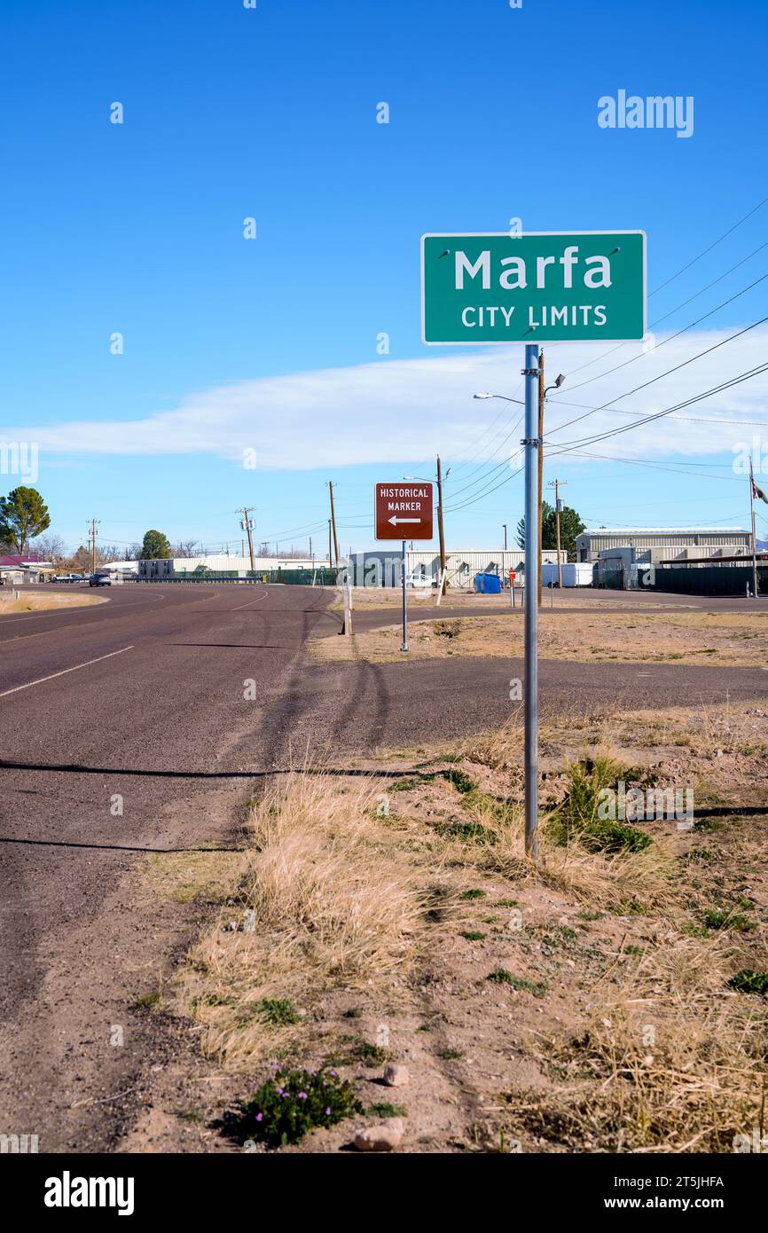 Marfa, Texas city limits green road sign Stock Photo