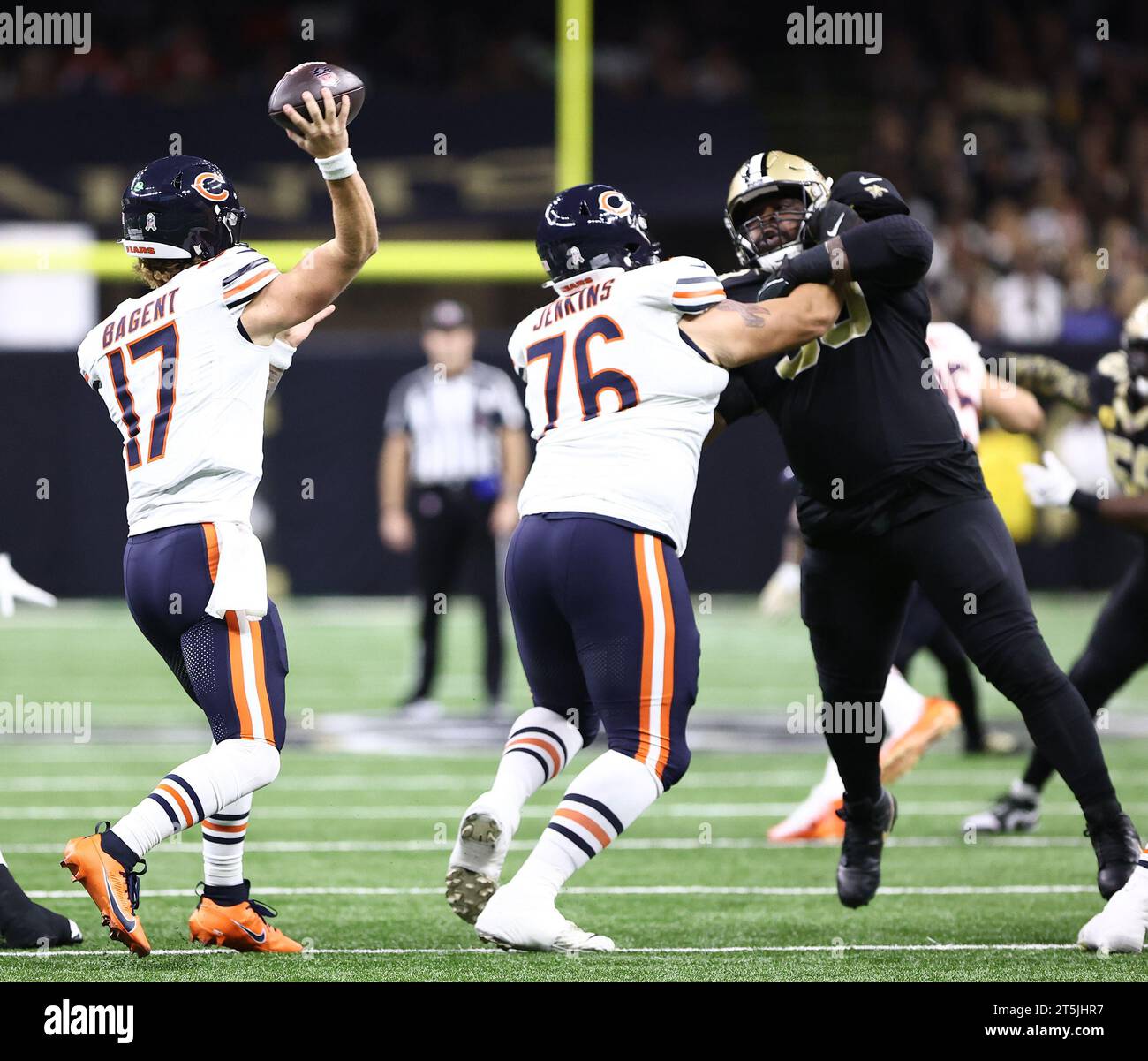 New Orleans, USA. 05th Nov, 2023. Chicago Bears quarterback Tyson Bagent (17) attempts a pass while offensive tackle Teven Jenkins (76) blocks New Orleans Saints defensive tackle Nathan Shepherd (93) during a National Football League game at Caesars Superdome in New Orleans, Louisiana on Sunday, November 5, 2023. (Photo by Peter G. Forest/Sipa USA) Credit: Sipa USA/Alamy Live News Stock Photo