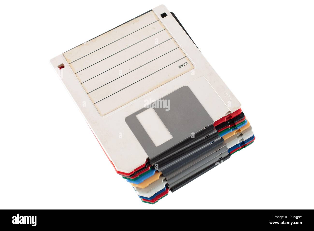 Colored old retro floppy diskettes in stack. Isolated on white background. Stock Photo