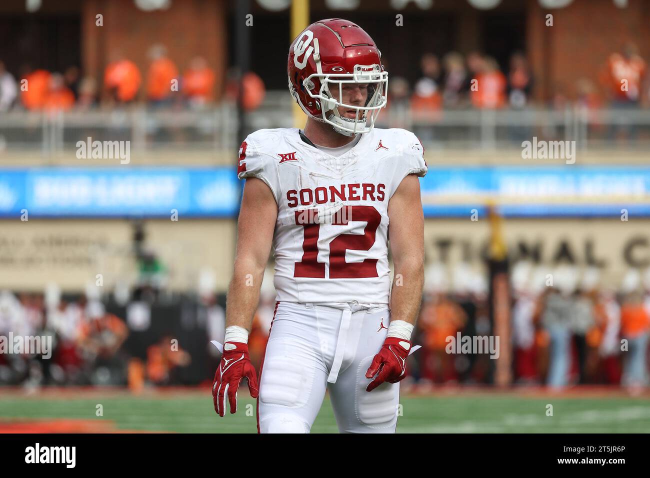 Stillwater, OK, USA. 04th Nov, 2023. University of Oklahoma wide receiver Drake Stoops (12) readies for a play during a football game between the Oklahoma Sooners and the Oklahoma State Cowboys at Boone Pickens Stadium in Stillwater, OK. Gray Siegel/CSM/Alamy Live News Stock Photo