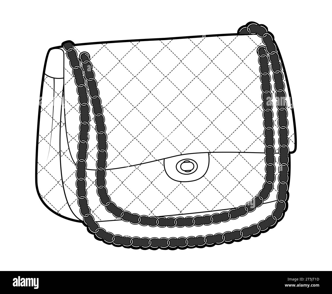 Handbag baguet silhouette bag. Fashion accessory technical illustration. Vector satchel rhombic stitching front 3-4 view for Men, women, unisex style, flat handbag CAD mockup sketch outline isolated Stock Vector