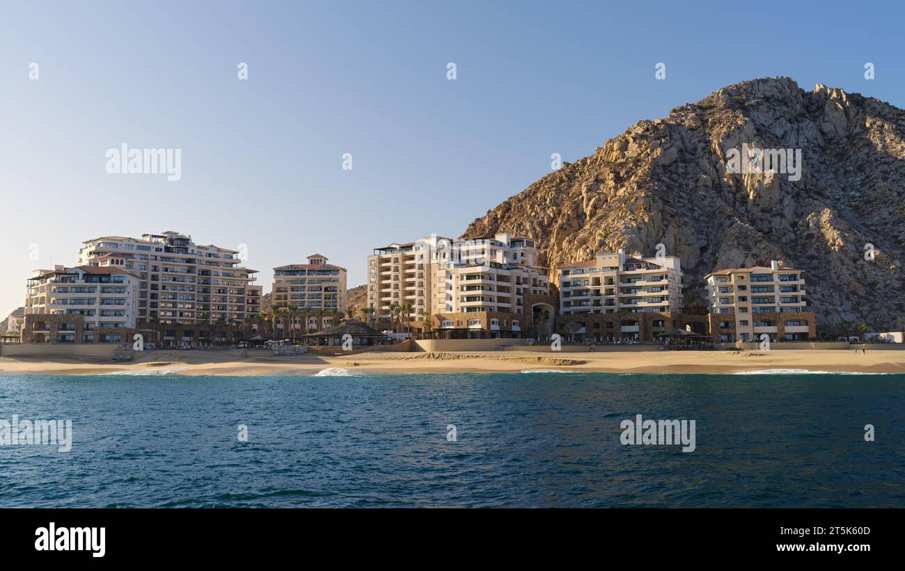 Cabo San Lucas shoreline, apartment buildings, resorts shown in Baja
