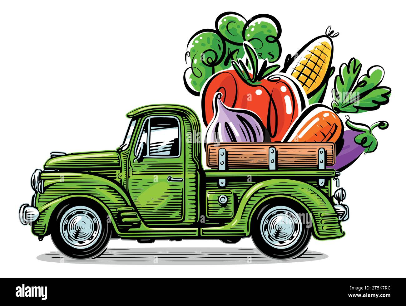 Retro truck loaded with fresh vegetables. Farm organic food. Vector illustration Stock Vector