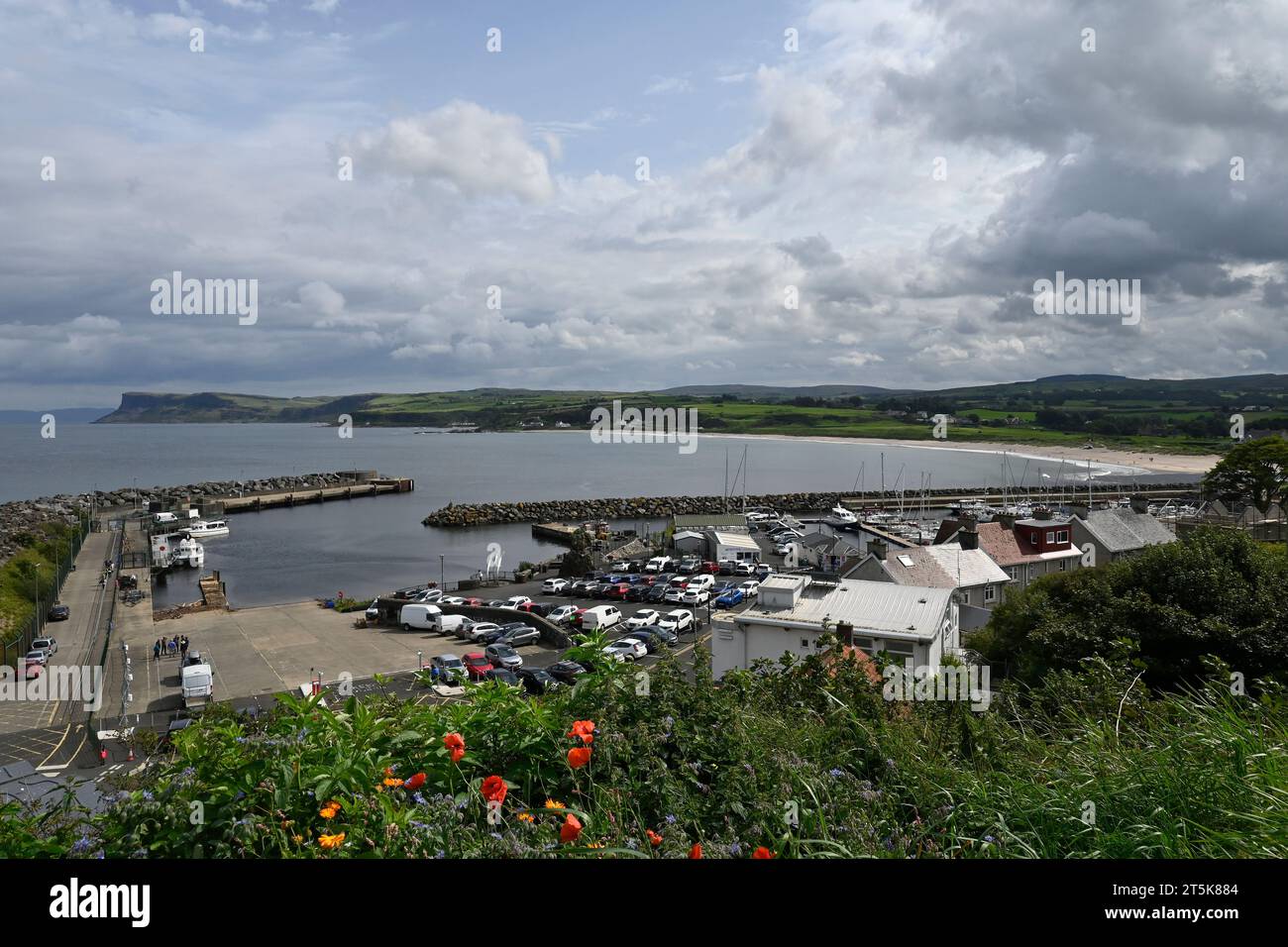 A clifftop view of Ballycastle and is Harbour in County Antrim Northern Ireland Stock Photo