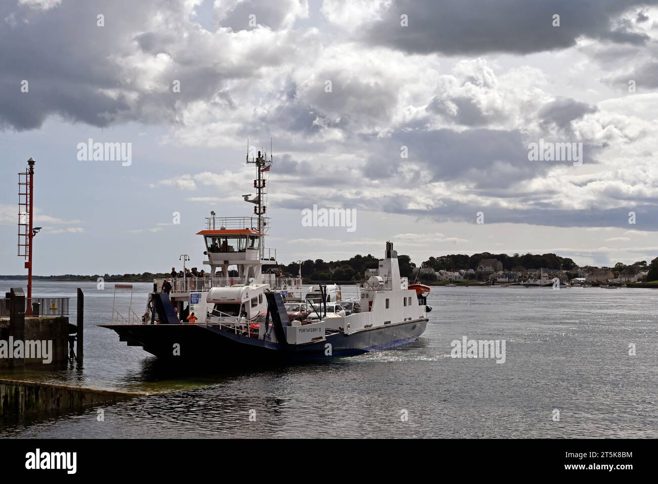 A view of the Strangford Portaferry vehicle ferry approaching the landing  at the ferry terminal in Portaferry Stock Photo