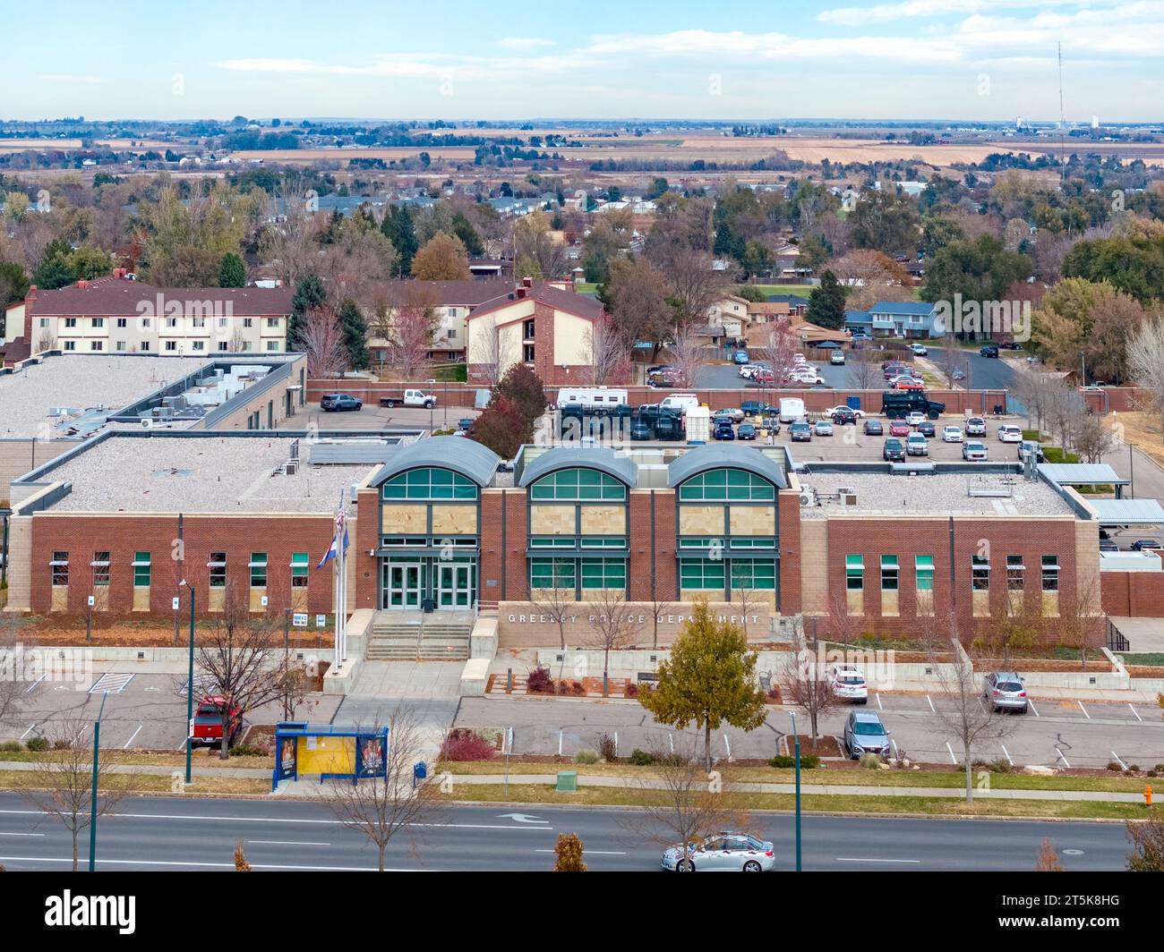 Greeley Police Department drone video front facade. 4k Stock Photo