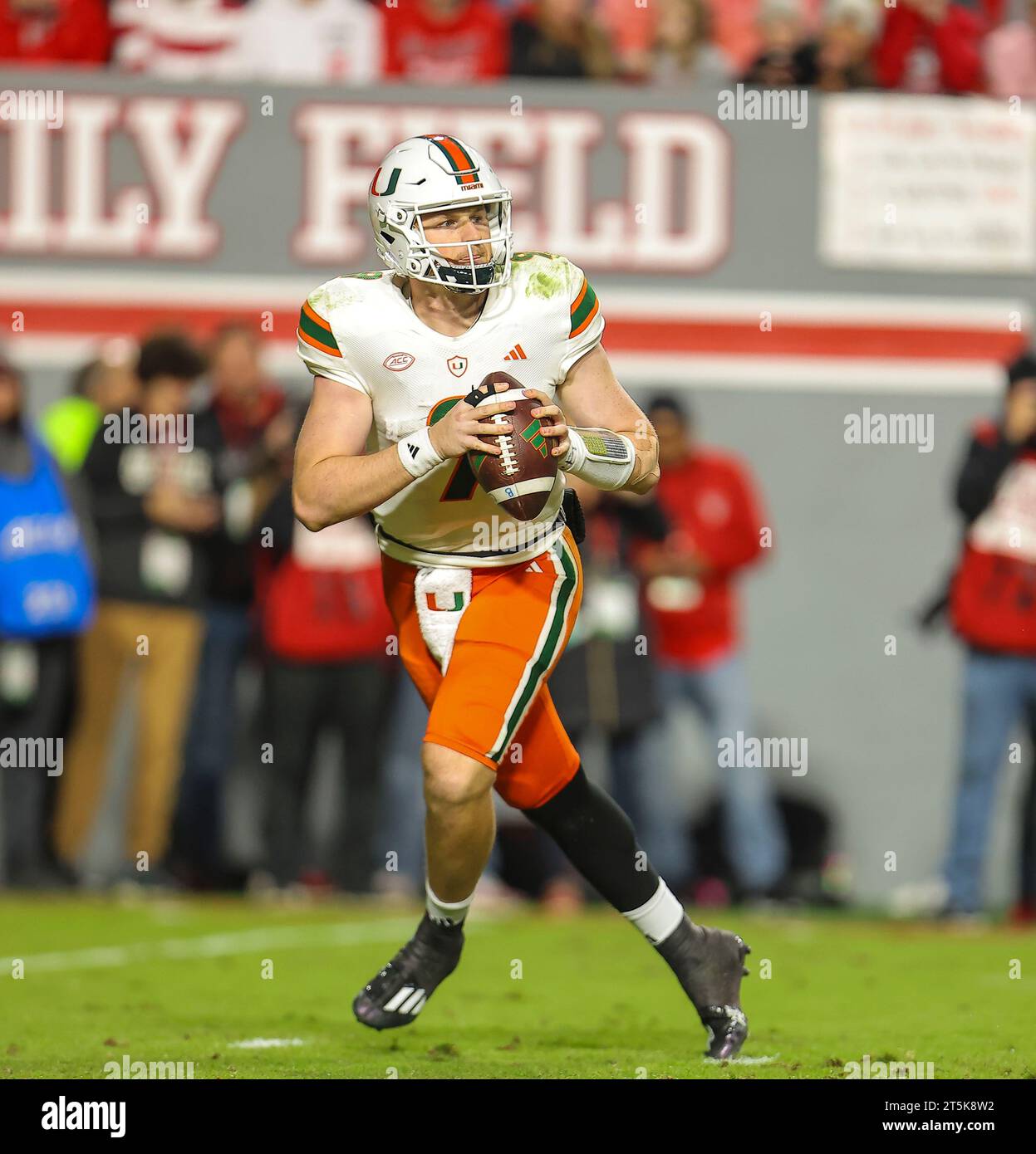 November 4, 2023 University of Miami junior Tyler Van Dyke (9) looks to pass ball. NCAA