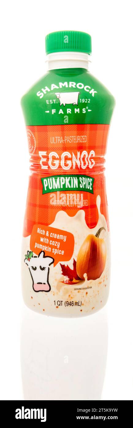 Winneconne, WI - 5 October 2023:  A bottle of Shamrock Farms eggnog pumpkin spice on an isolated background Stock Photo