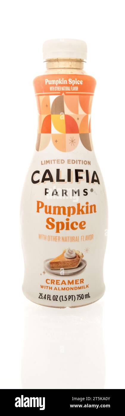Winneconne, WI - 5 October 2023:  A bottle of Califia farms   pumpkin spice coffee creamer on an isolated background Stock Photo