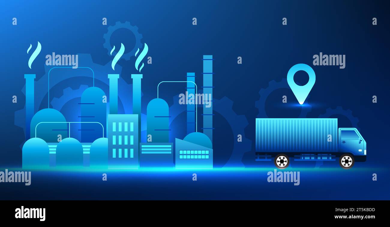 Transportation and logistics business technology Container truck is picking up goods from the factory. By using technology to help manage transportati Stock Vector