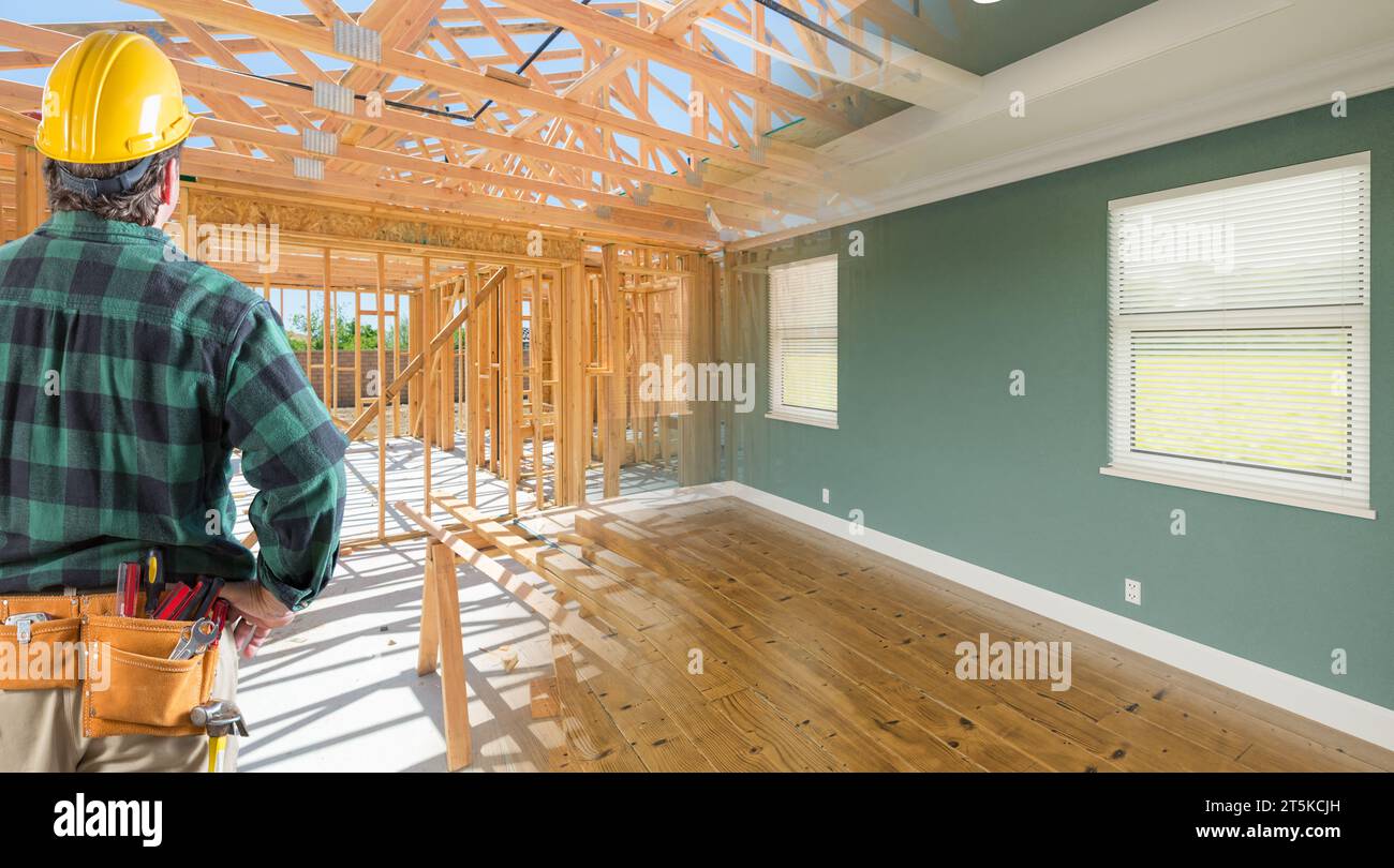 Contractor Facing Before and After Interior of House Wood Construction