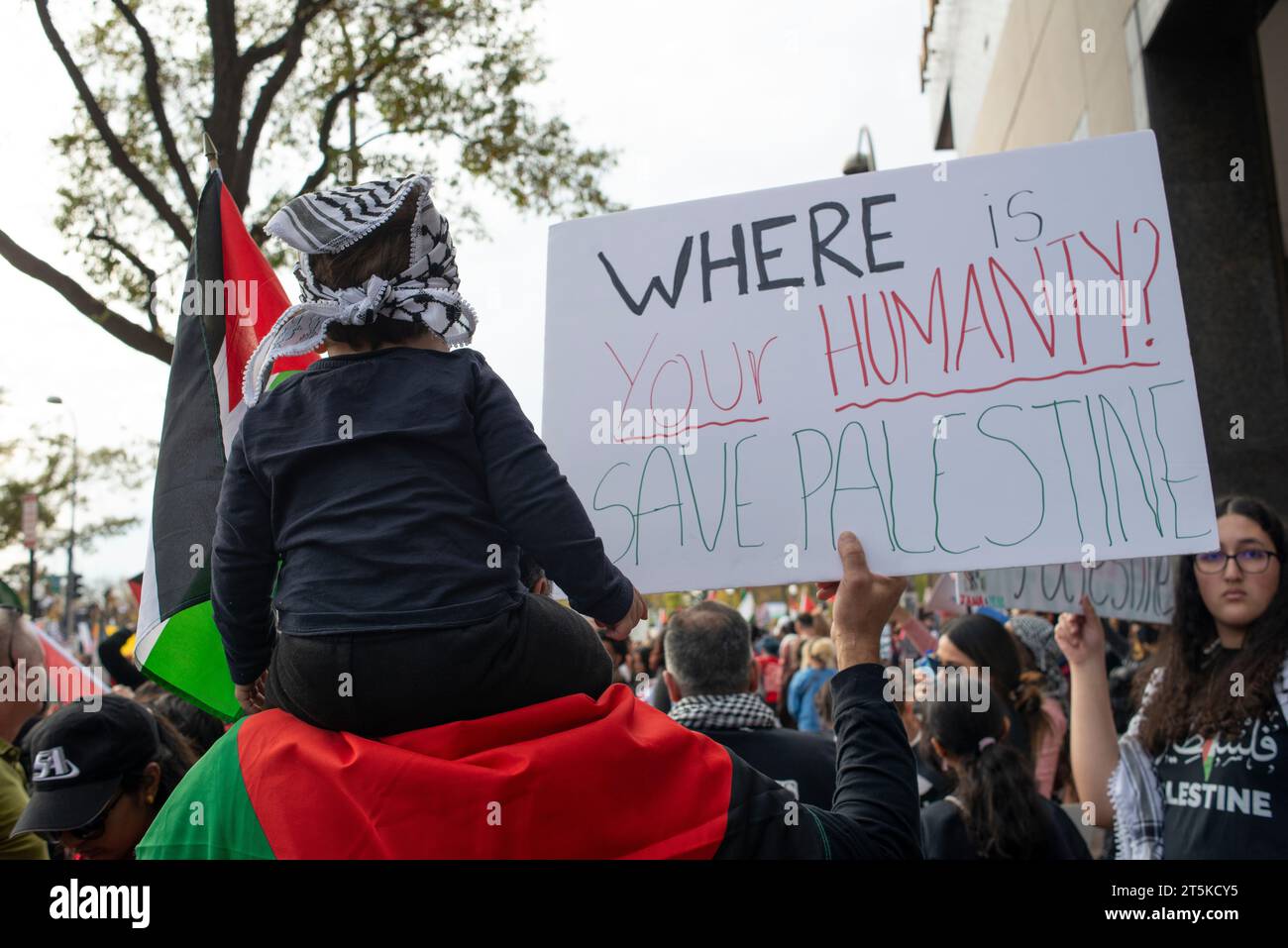 Where Is your Humanity, Save Palestine sign. Pro-Palestinian demonstration at Freedom Plaza. Washington DC. USA. November 4. 2023 Stock Photo