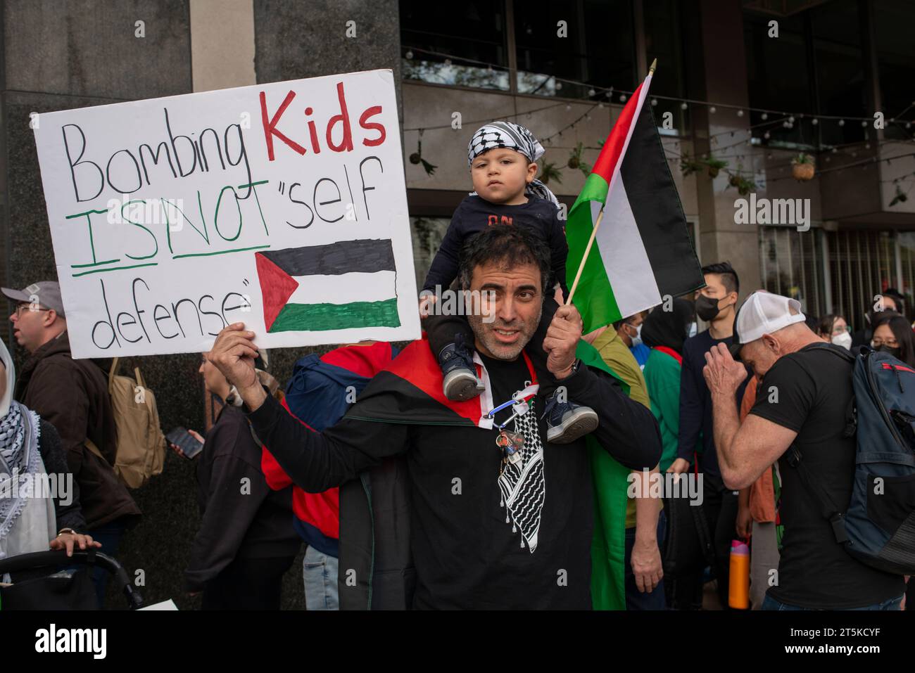 Bombing Kids Is Not Self Defense sign. Pro-Palestinian rally for Israel-Palestine cease-fire.Freedom Plaza. Washington DC. USA. November 4. 2023 Stock Photo