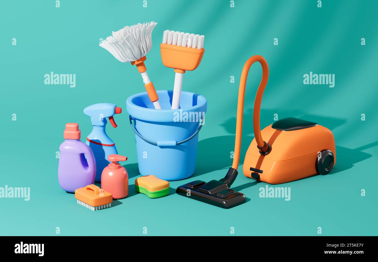 Cartoon mop,broom ,dustpan , detergent and vacuum cleaner in the blue