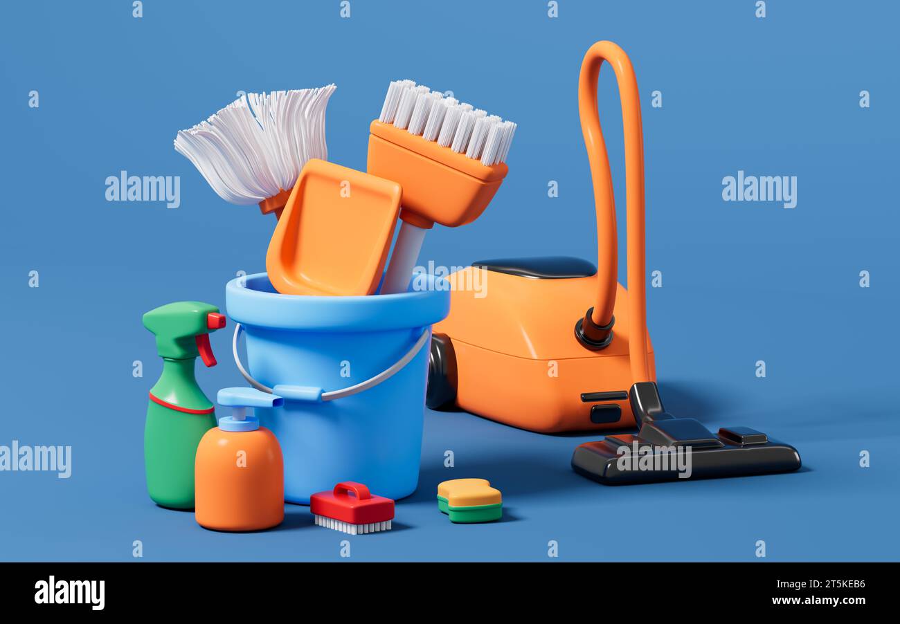 Cartoon mop,broom ,dustpan , detergent and vacuum cleaner in the blue