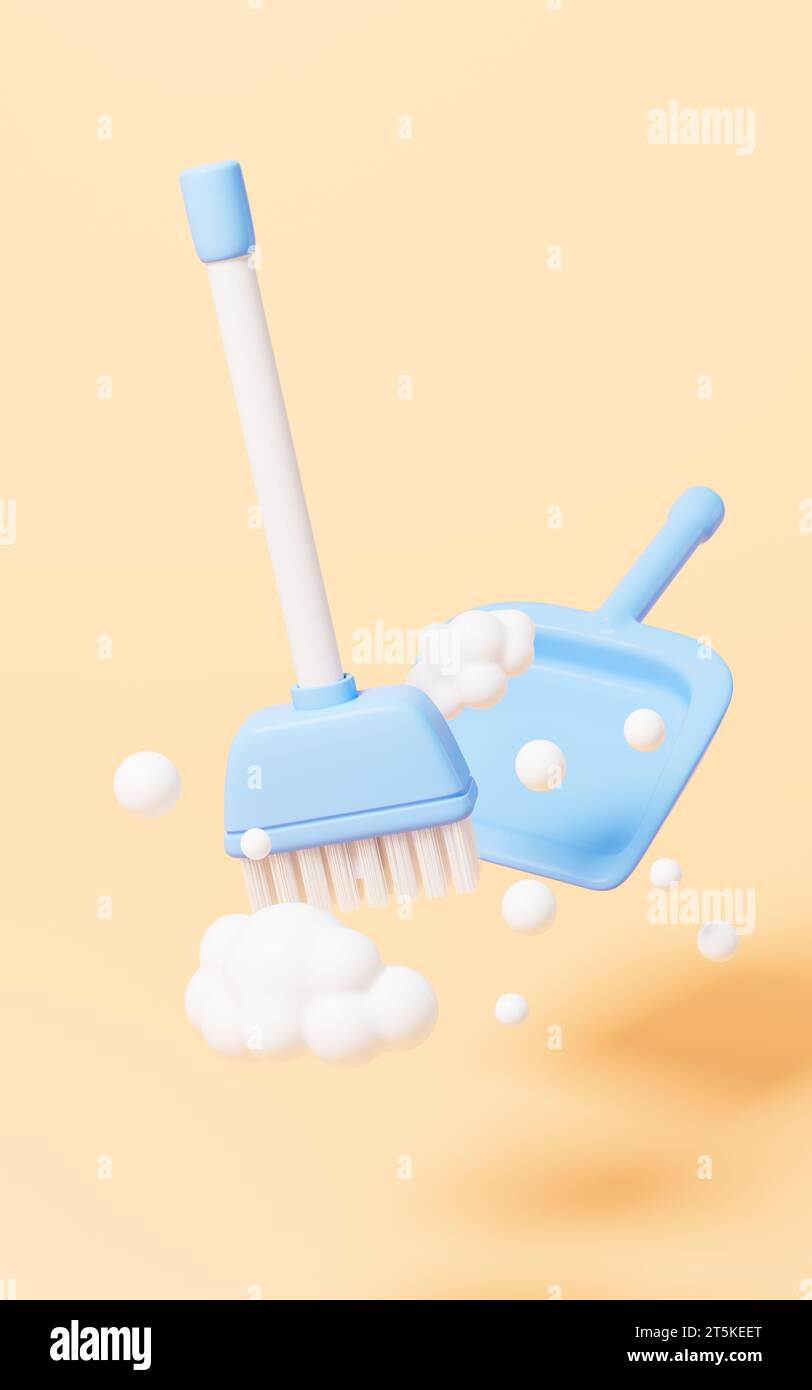 Cartoon broom and dustpan, 3d rendering. 3D illustration Stock Photo