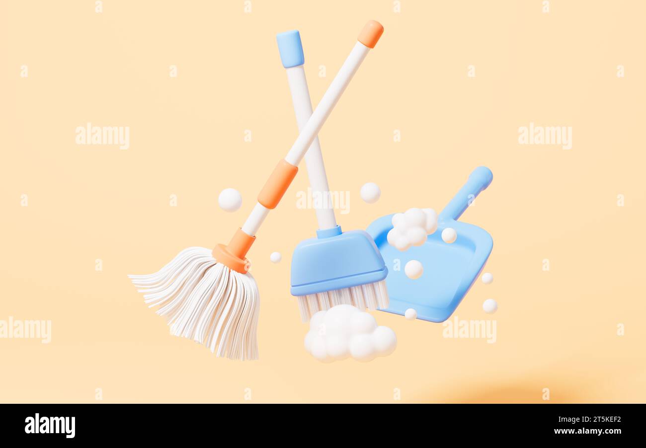 Cartoon mop and broom in the yellow background, 3d rendering. 3D
