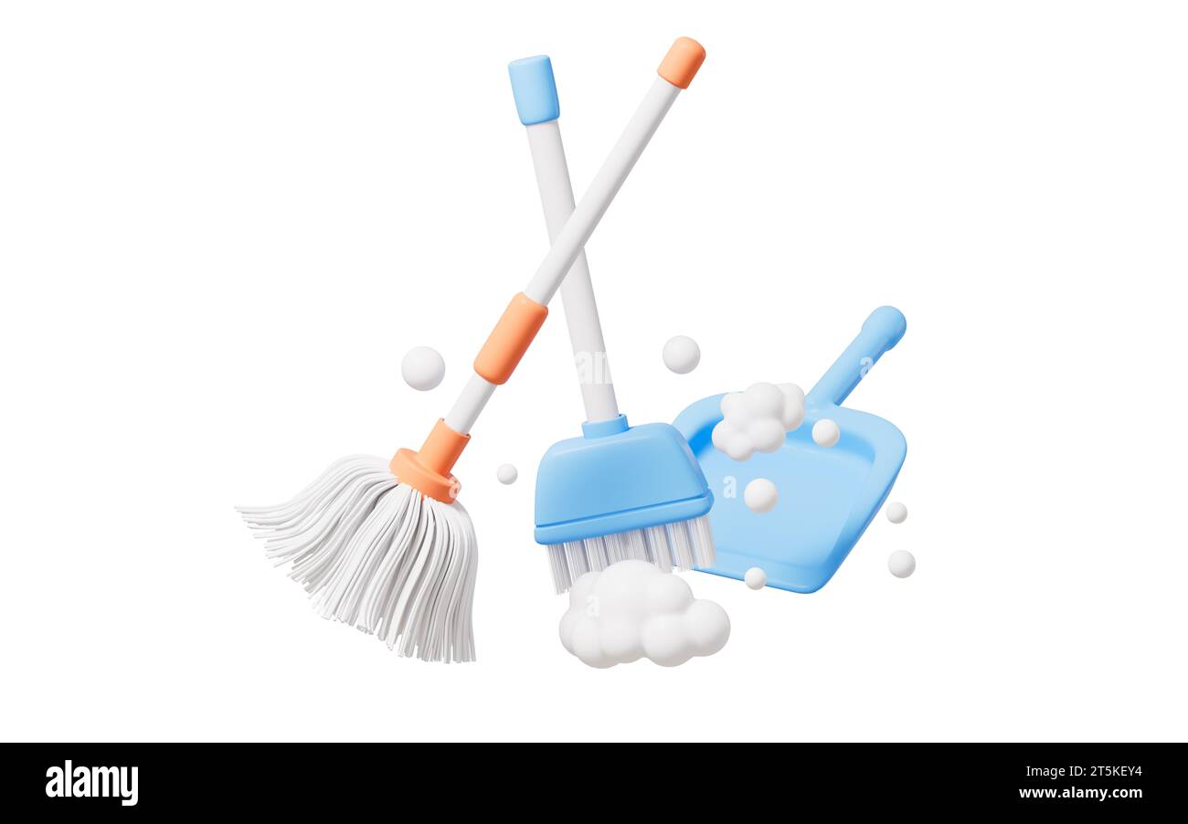 Cartoon mop and broom in the yellow background, 3d rendering. 3D