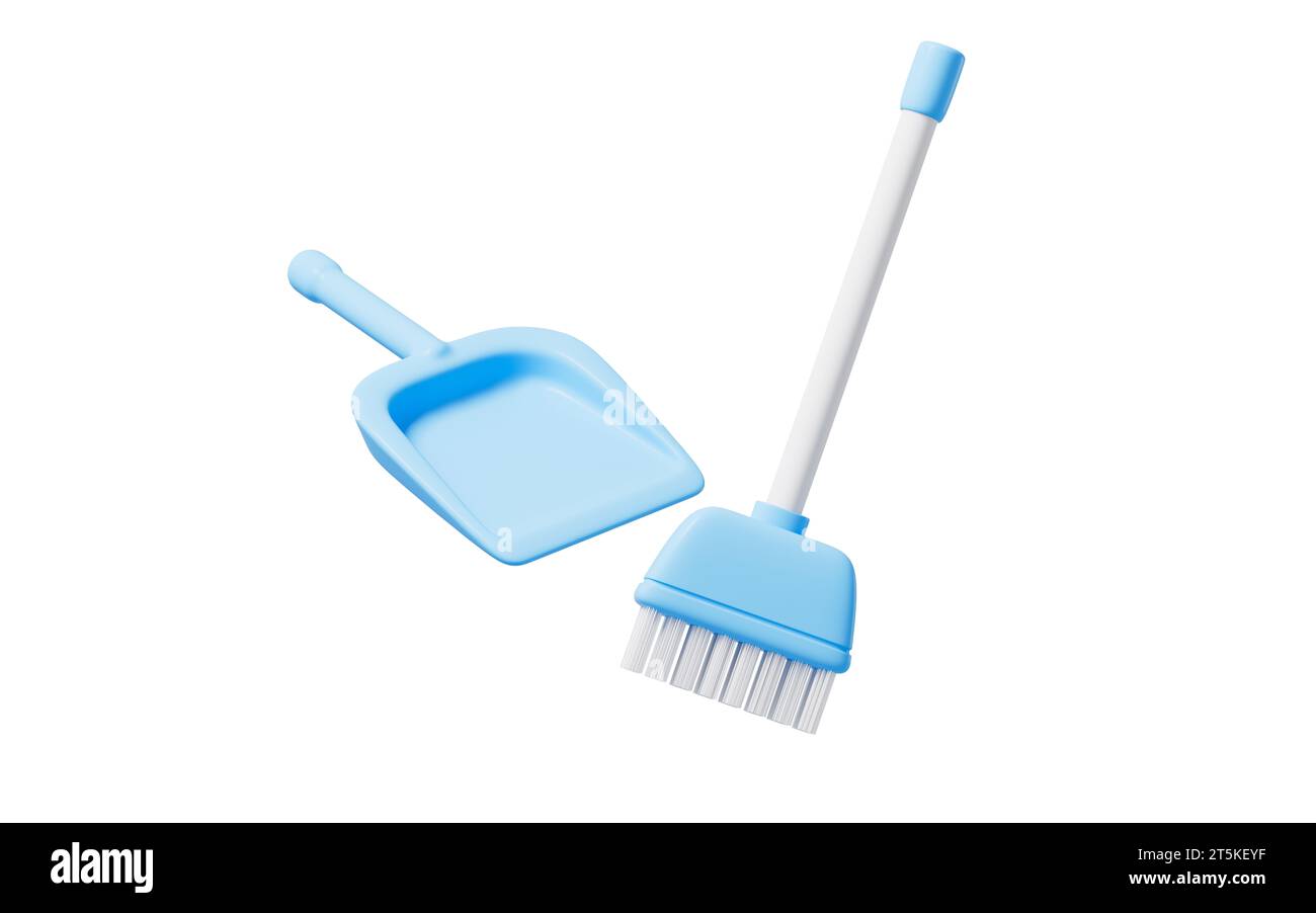 Cartoon broom and dustpan, 3d rendering. 3D illustration Stock Photo