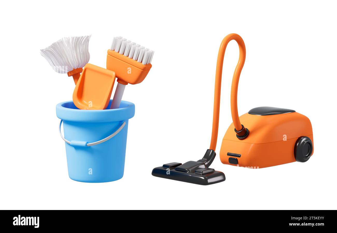 Cartoon mop,broom ,dustpan in the white background, 3d rendering. 3D