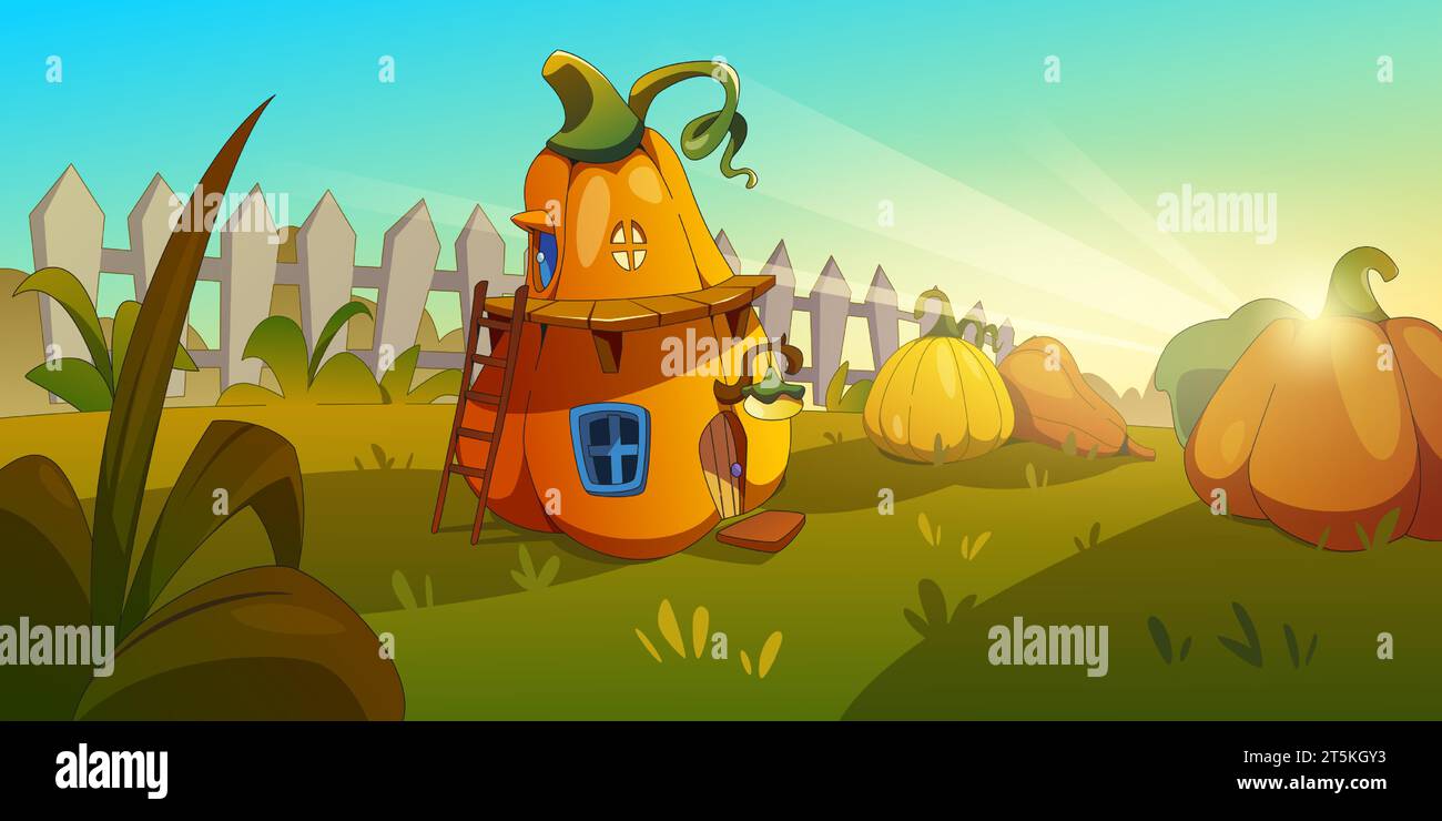 Fantasy pumpkin house in vegetable garden. Vector cartoon illustration