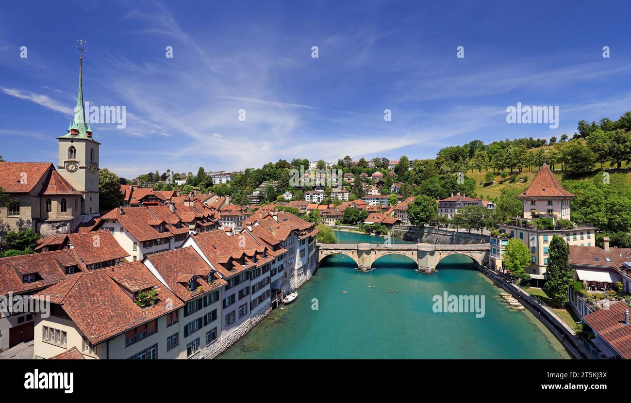 View of the Bern old city center and Nydeggbrucke bridge over river Aare, Bern, Switzerland Stock Photo