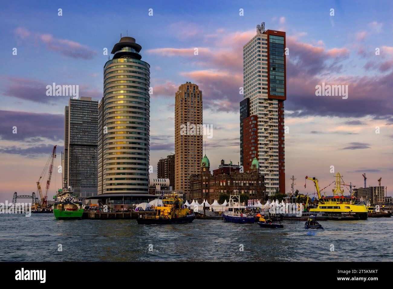 Rotterdam, Netherlands - September 03, 2022: Skyline of Kop van Zuid in Rotterdam from Meuse River. Stock Photo