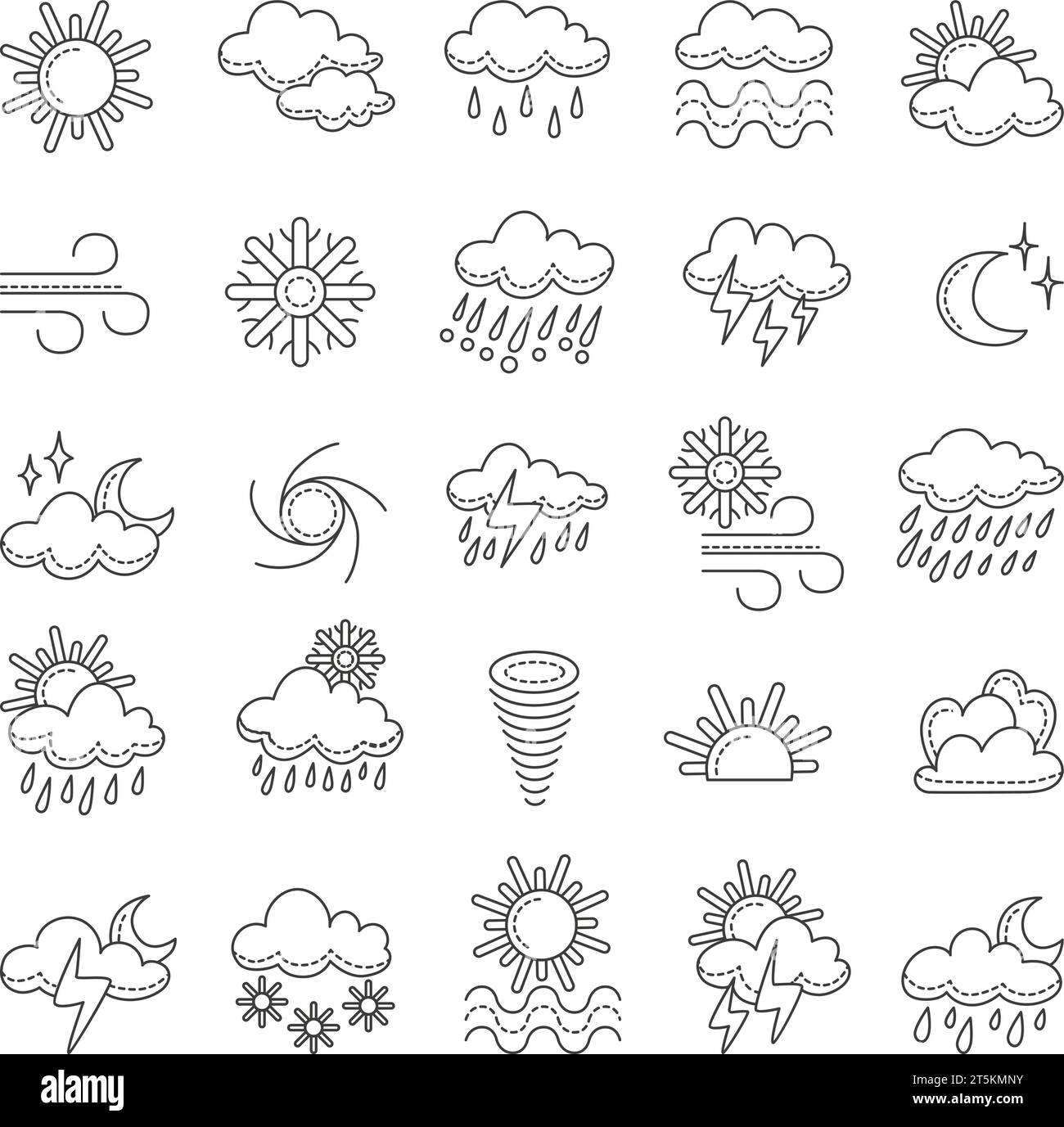 Weather doodle icons, clouds and snow, sun and tornado. Isolated line meteorology symbols, various seasons. Raindrops, lightning, neoteric vector Stock Vector