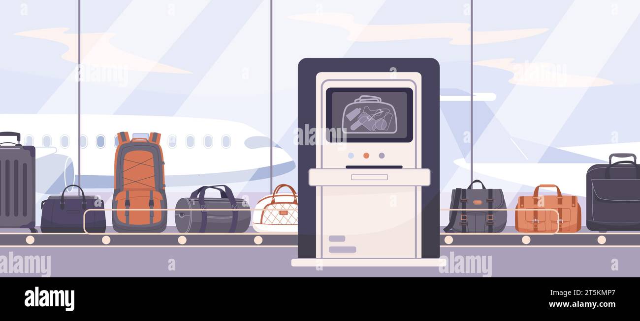 Airport belt conveyor, bags on luggage claim. Xray baggage security