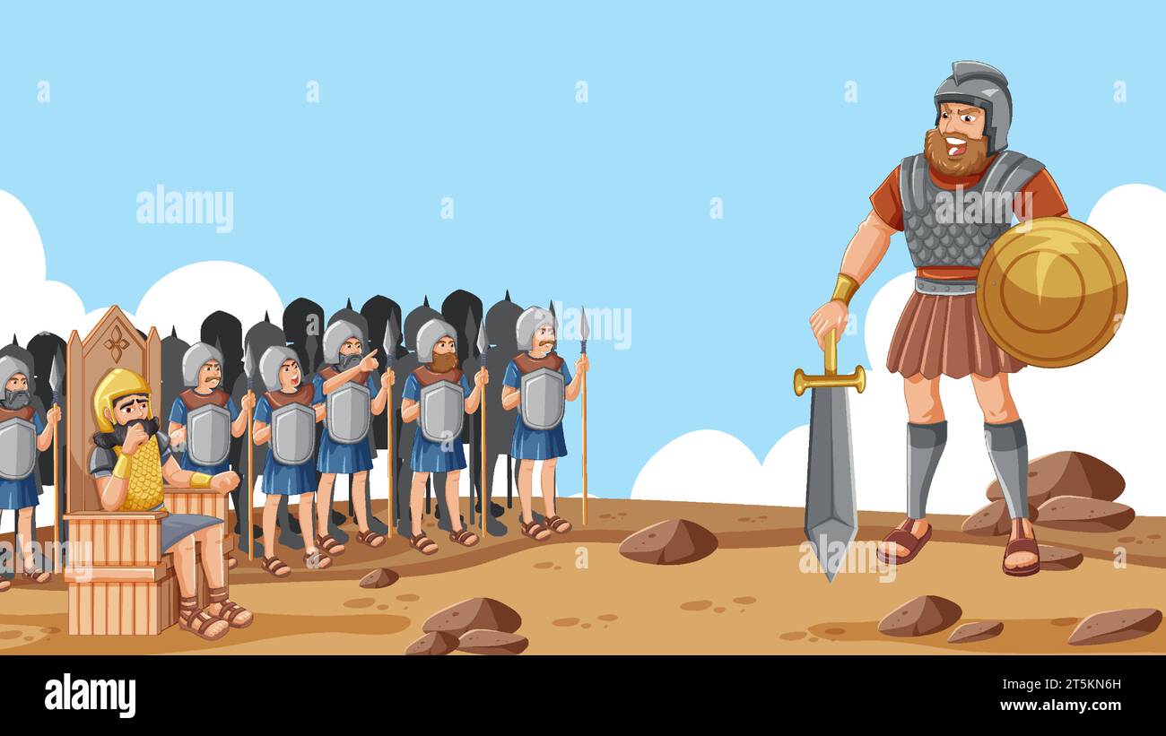 Illustration of a king sitting on a throne surrounded by a large army, depicting the religious Bible story of David and Goliath Stock Vector
