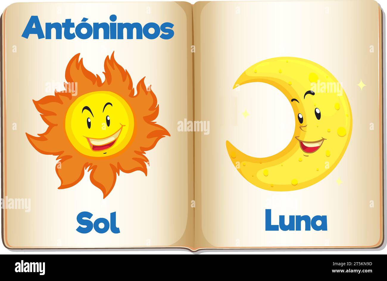 Illustrated card with Spanish antonyms Sol and Luna means sun and moon