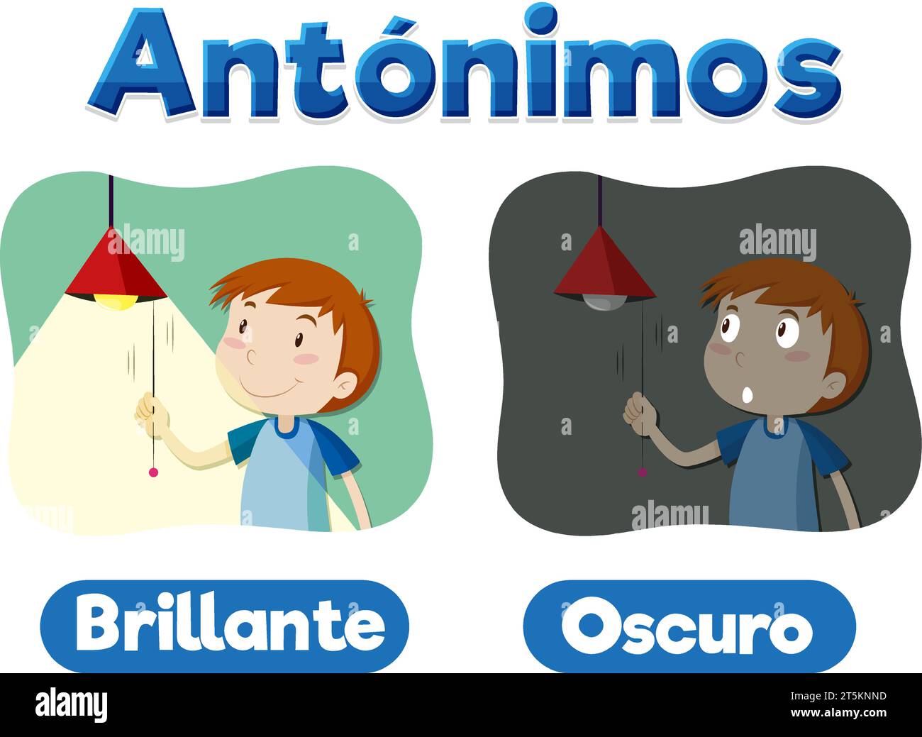 A vector cartoon illustration of Spanish word cards for 'Brillante' and 'Oscuro' representing the antonyms 'Bright' and 'Dark' in education Stock Vector