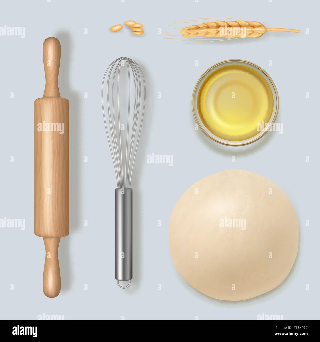 Bakery realistic. Kitchenware for preparing cooking food decent vector picture set Stock Vector