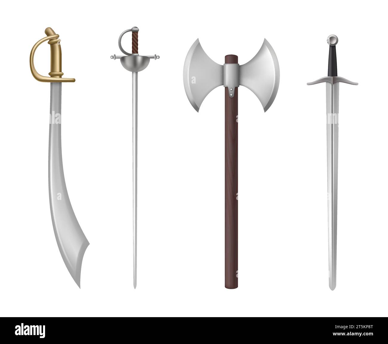 Medieval weapons. Templates of historical realistic knife and swords decent vector illustrations Stock Vector
