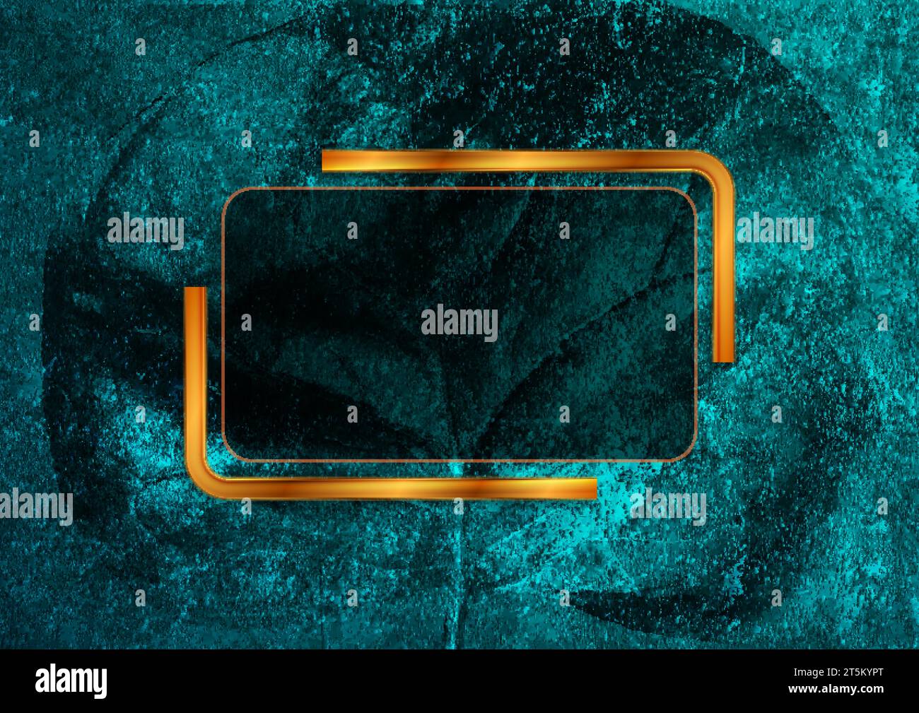 Grunge leaf turquoise background with bronze geometric frame. Abstract technology design Stock Vector