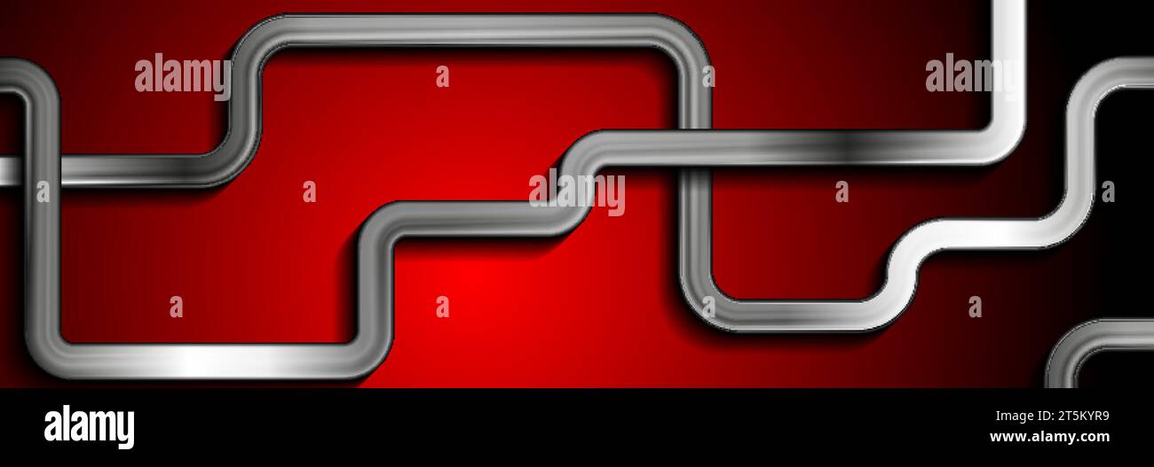 Silver metallic geometric stripes on dark red background. Technology vector banner Stock Vector