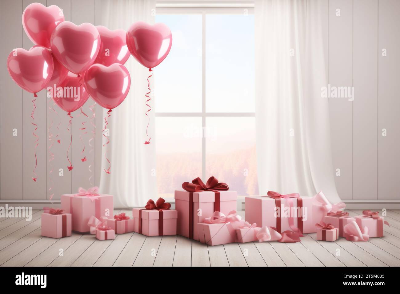 Romantic pink room with balloons, hearts, gift box ideal for love ...