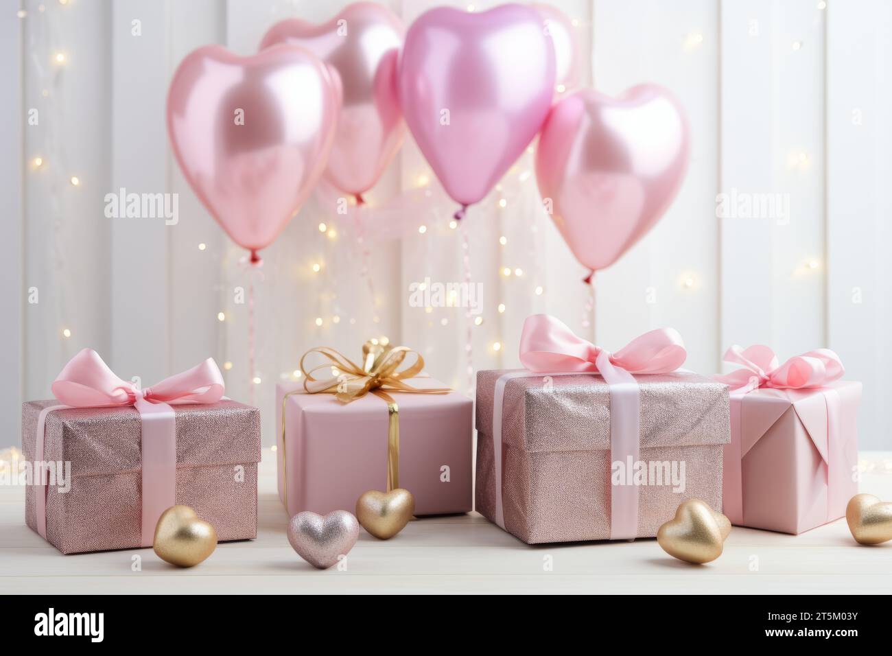 Romantic white room with balloons, hearts, and gift box valentines day ...