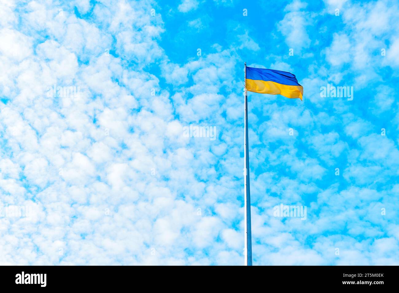 Ukrainian flag proudly waving on its pole against the backdrop of towering cumulus clouds in the deep blue sky. Stock Photo