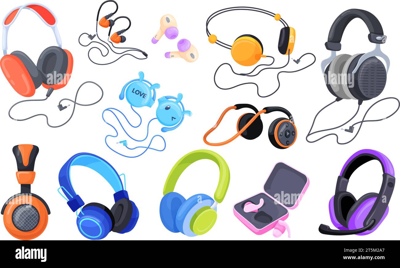 Cartoon earbuds. Wireless modern earphone or wired dj headphone, funky