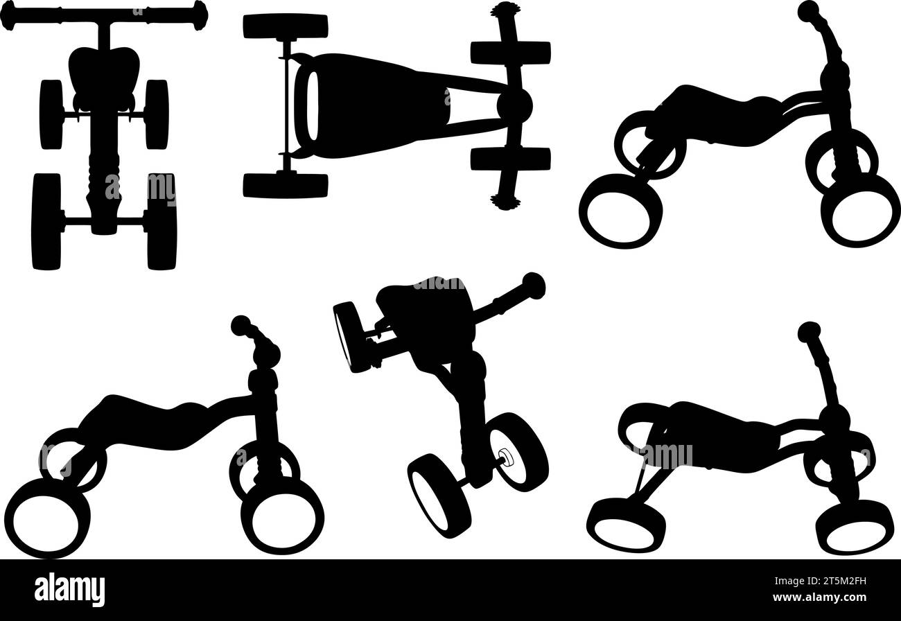 Set of different 4 wheels baby balance bike illustrations isolated on