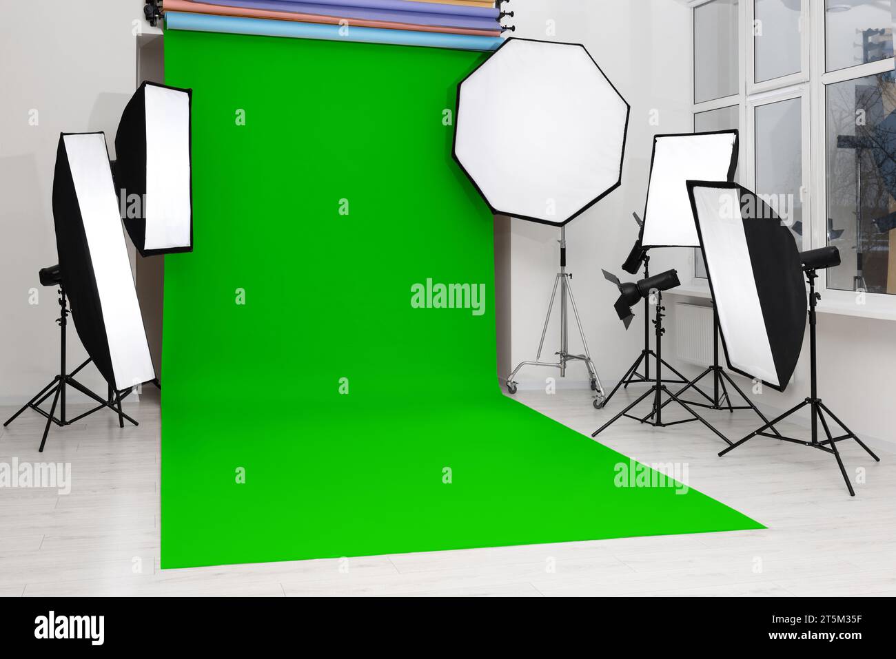 Chroma key compositing. Green backdrop and equipment in studio Stock ...