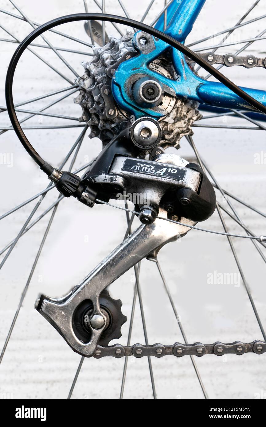 Altus A10 Shimano derailleur gears on a classic steel frame Paul Milnes racing bicycle from the 1990's Stock Photo