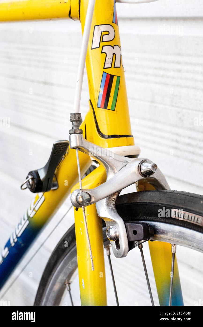 Rim brakes on a classic steel frame Paul Milnes racing bicycle from the 1990's Stock Photo