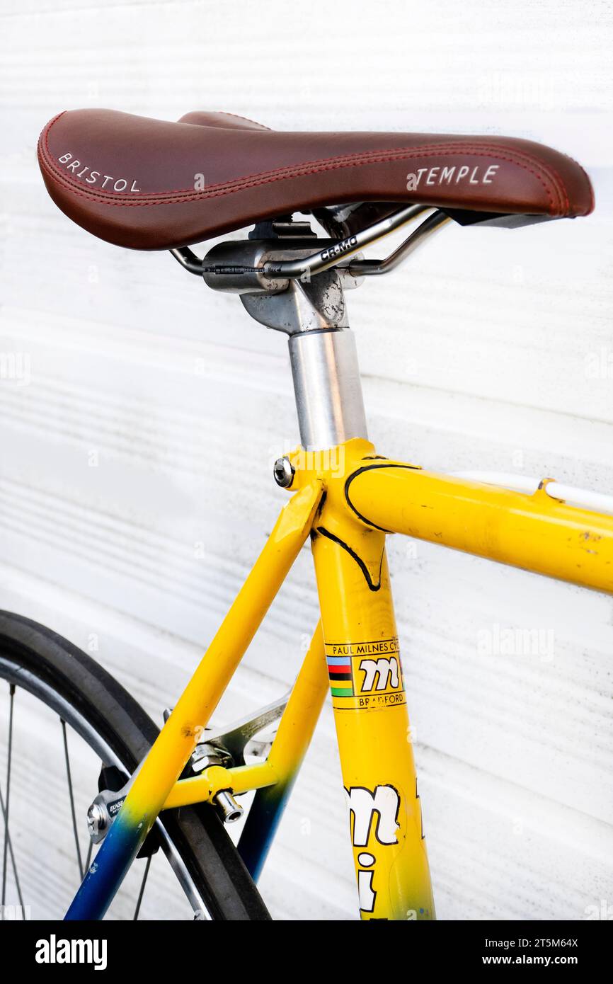 Saddle on a classic steel frame Paul Milnes racing bicycle from the 1990's Stock Photo