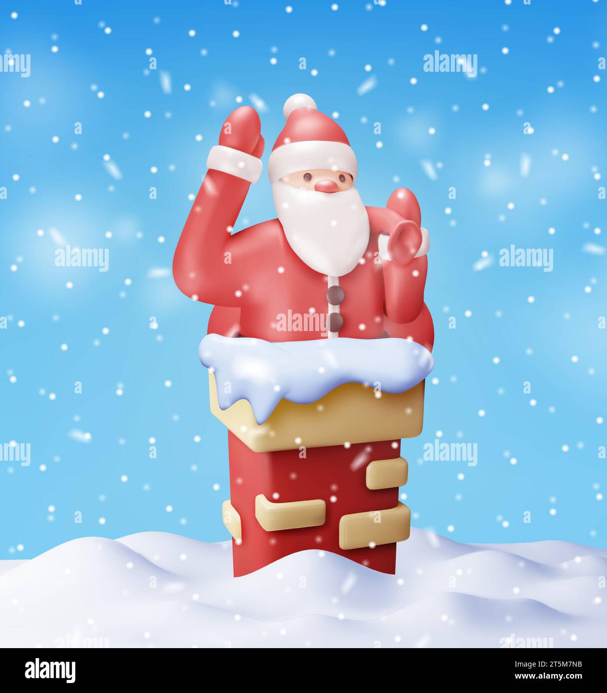 3D Santa Claus with Bag in House Chimney Stock Vector