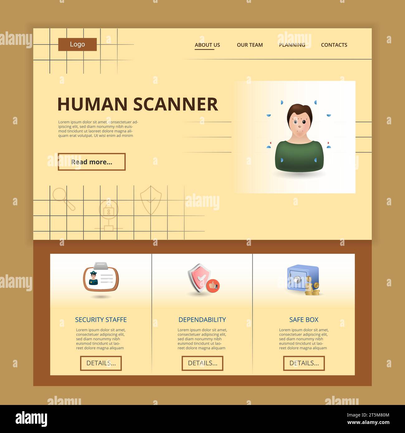 Human scanner flat landing page website template. Security staff, dependability, safe box. Web banner with header, content and footer. Vector Stock Vector